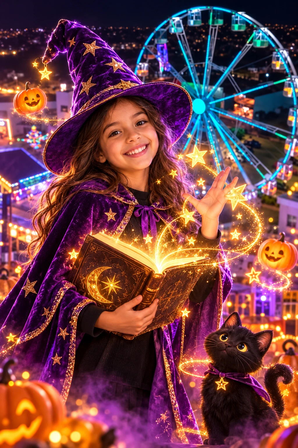 Ilustração de uma menina com chapéu e capa violeta, livro luminoso e um gatinho, diante de uma roda-gigante