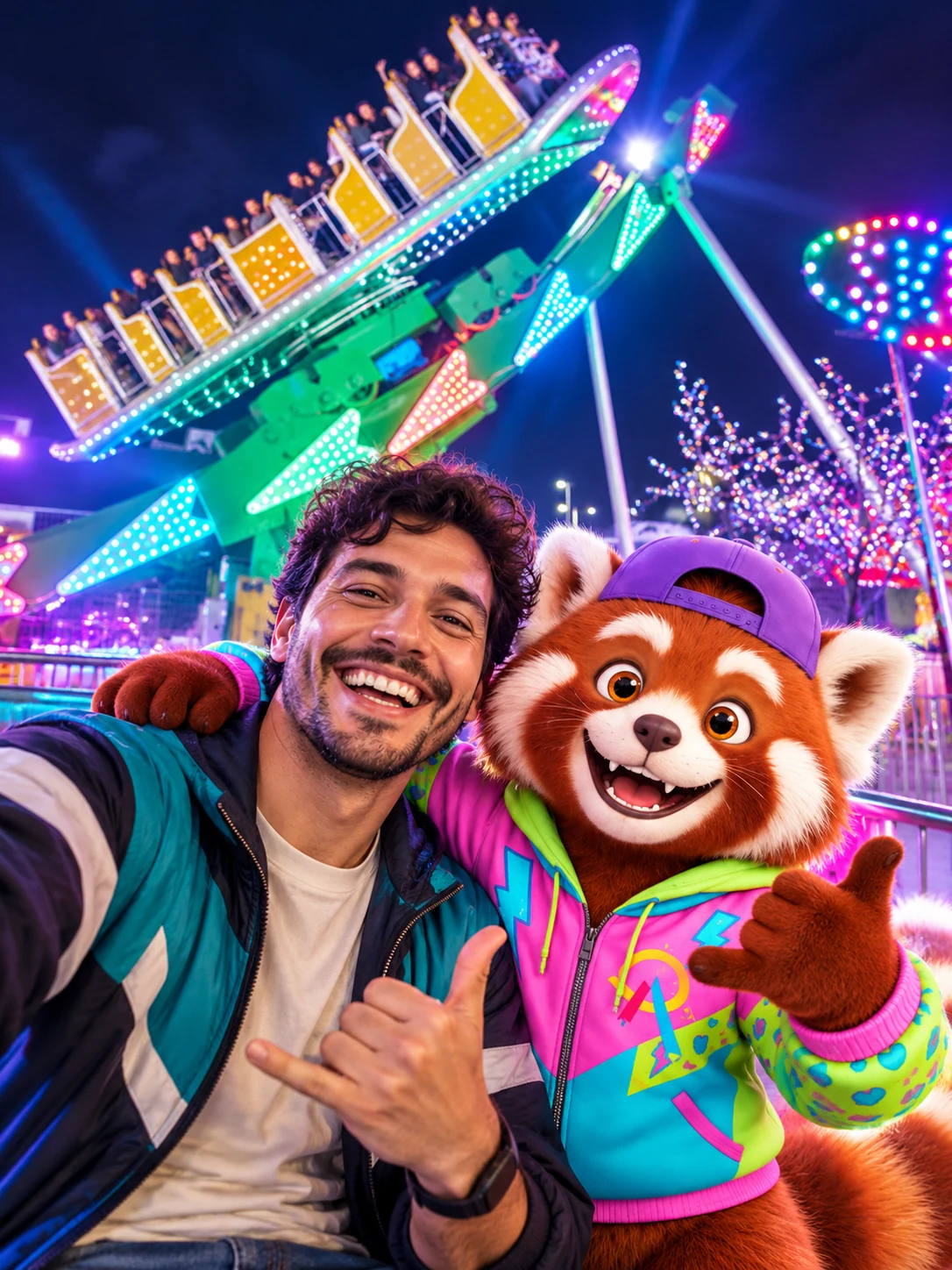 Exemplo ilustrativo de Rolê Neon com o Mascote com visitante adulto fictício e mascote
