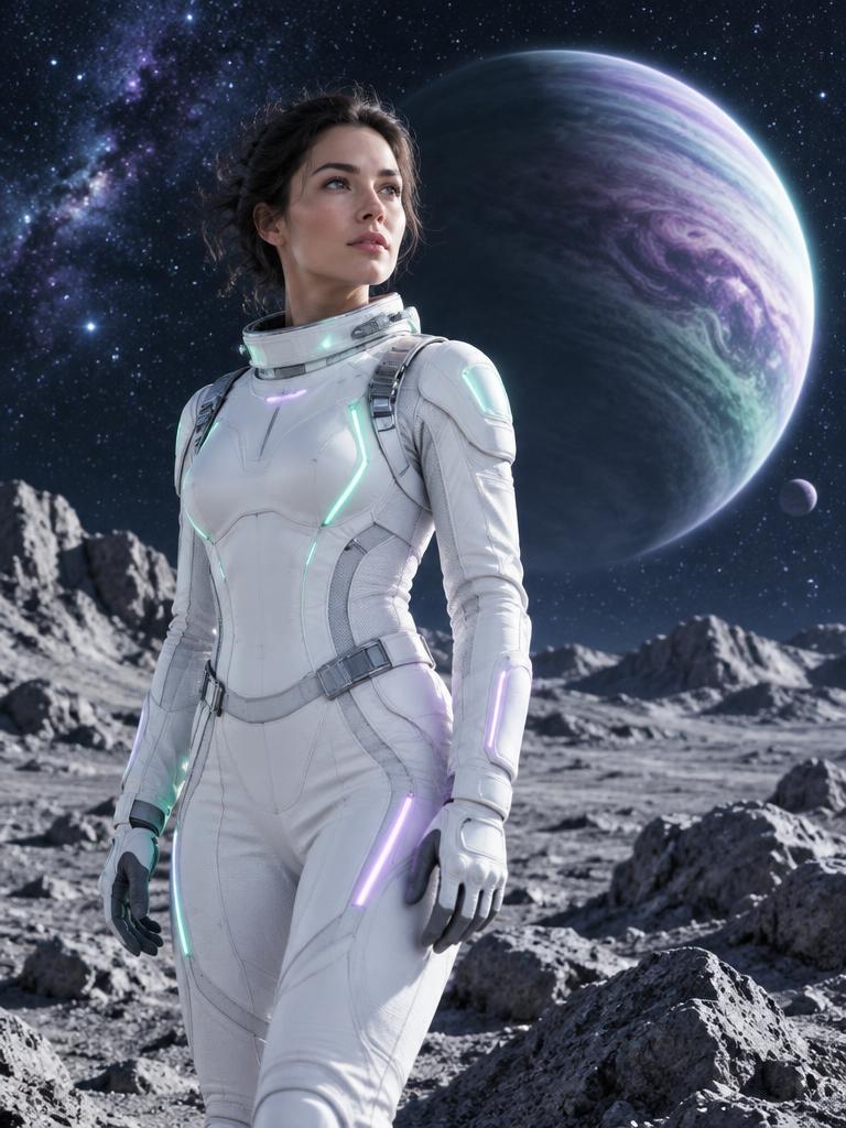 Imagem conceitual de uma astronauta em uma paisagem lunar